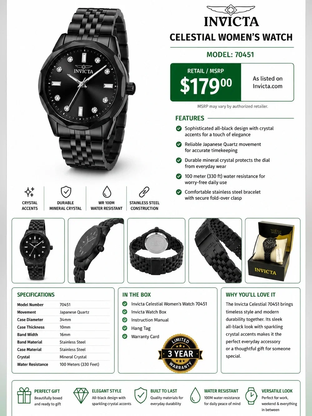 (NIB) Invicta Celestial 70451 Women’s Black Crystal Watch 34mm